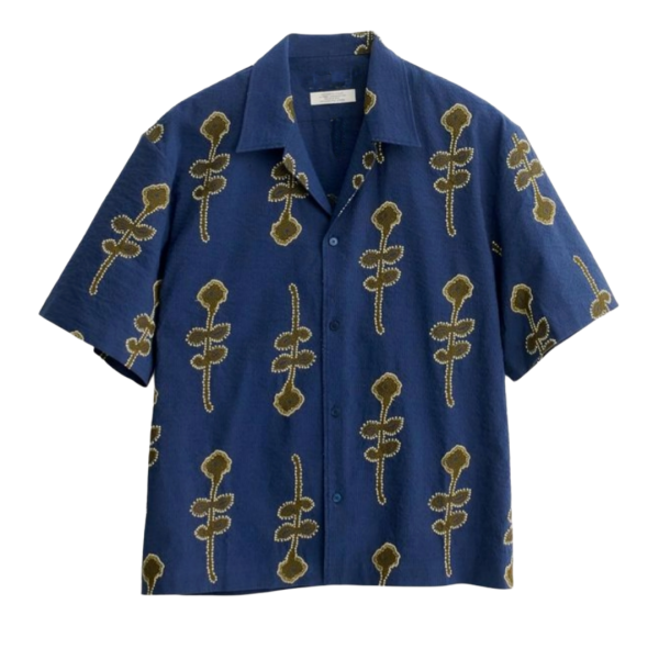 Men’s Indigo Blue Floral Print Cuban Collar Shirt