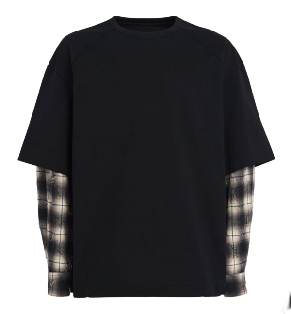 Black Oversized T-Shirt with Plaid Sleeve Inserts