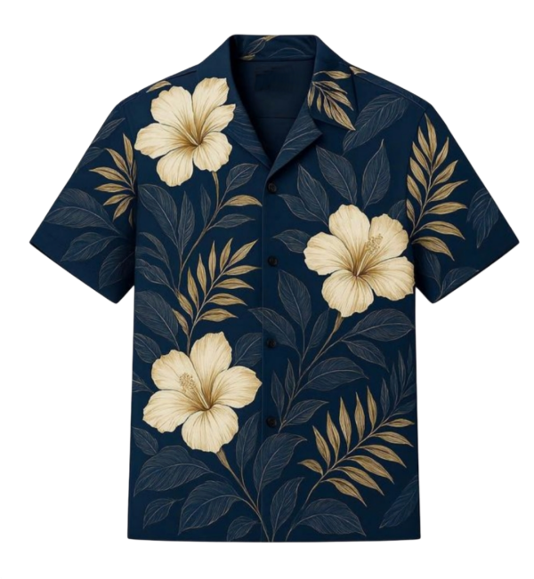 Navy Blue Tropical Hibiscus Print Men’s Half-Sleeve Shirt