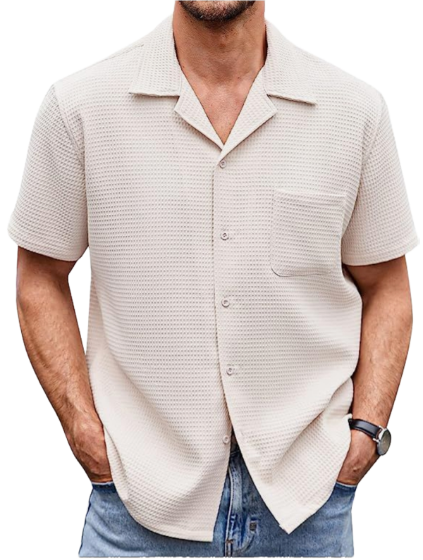 Men’s Oatmeal Waffle Knit Cuban Collar Shirt