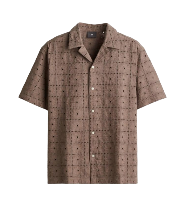 Men’s Earth-Tone Textured Geometric Broderie Anglaise Short Sleeve Shirt