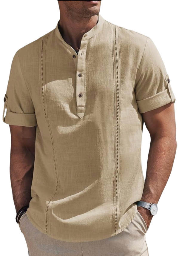 Men’s Khaki Linen-Blend Henley Shirt