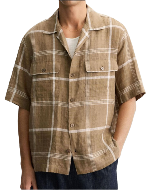 Men’s Brown Plaid Textured Short Sleeve Cuban Collar Shirt