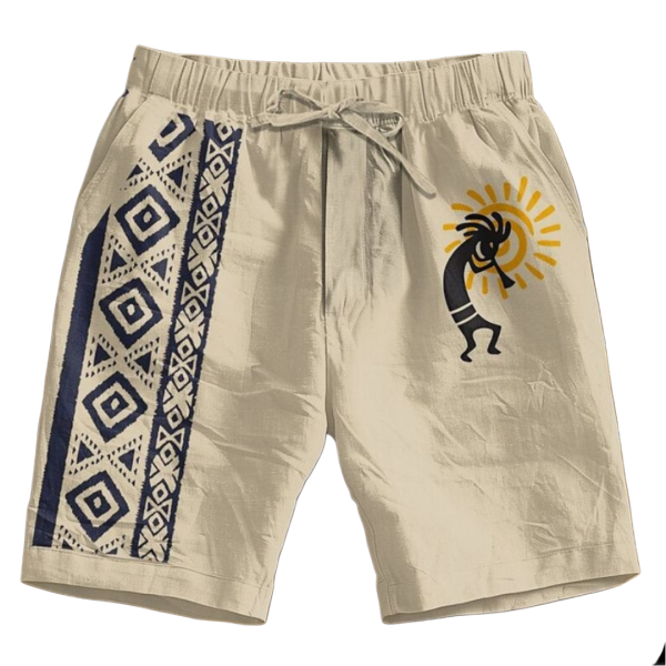 Men’s Bohemian Linen-Blend Drawstring Shorts with Kokopelli & Tribal Print