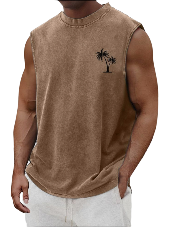 Men’s Acid Wash Sleeveless Muscle T-Shirt with Palm Tree Graphic