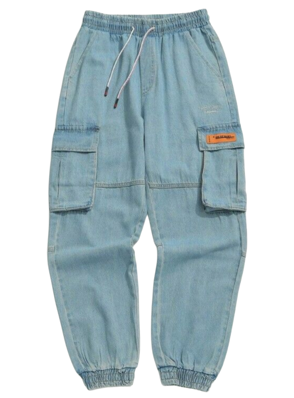 Men’s Light Wash Denim Cargo Joggers with Drawstring Waist
