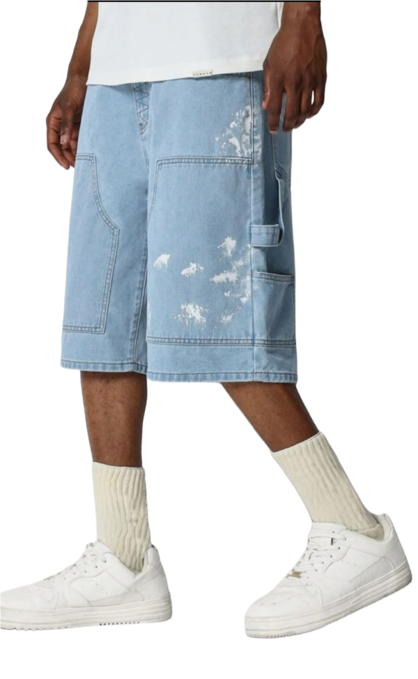 Men’s Paint Splatter Denim Carpenter Shorts – Light Wash Blue