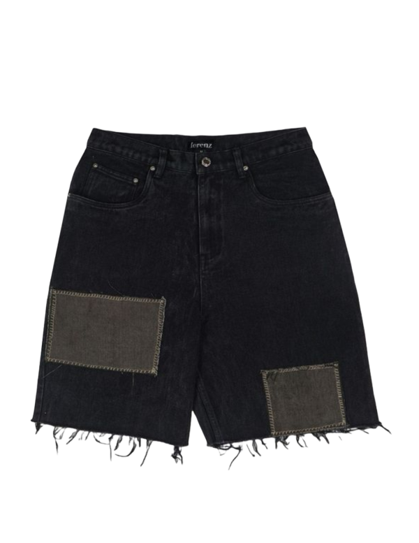 Men’s Distressed Black Denim Shorts with Patchwork Detail & Frayed Hem